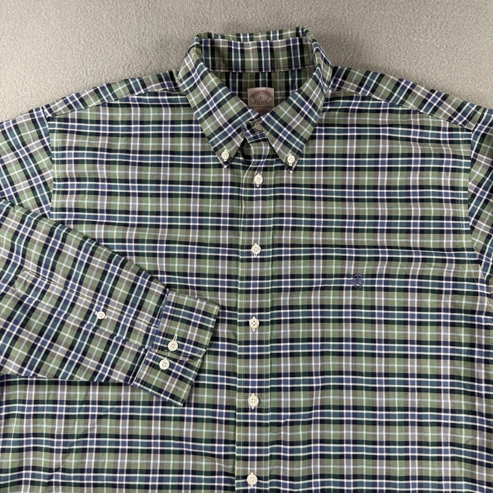 Brooks Brothers Mens L Green Navy Plaid Non-Iron Supima Cotton Long Sleeve Shirt